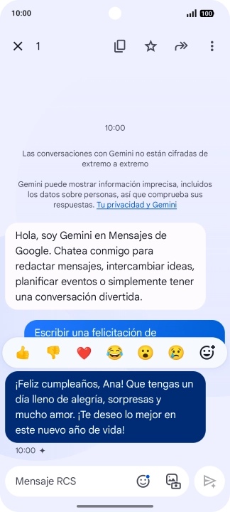 Pulsa la propuesta de texto de Gemini durante unos instantes. Sigue las indicaciones de la pantalla para utilizar el texto propuesto.