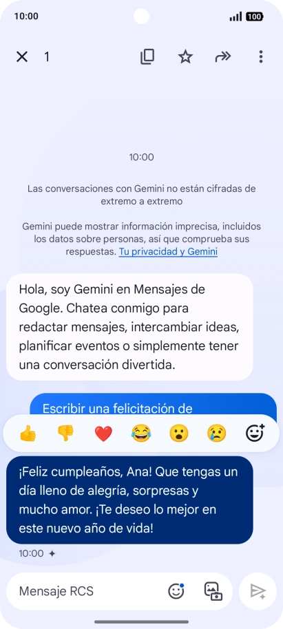 Pulsa la propuesta de texto de Gemini durante unos instantes. Sigue las indicaciones de la pantalla para utilizar el texto propuesto.