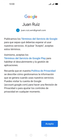 Pulsa Acepto y sigue las indicaciones de la pantalla para seleccionar los ajustes de tu cuenta de Google.