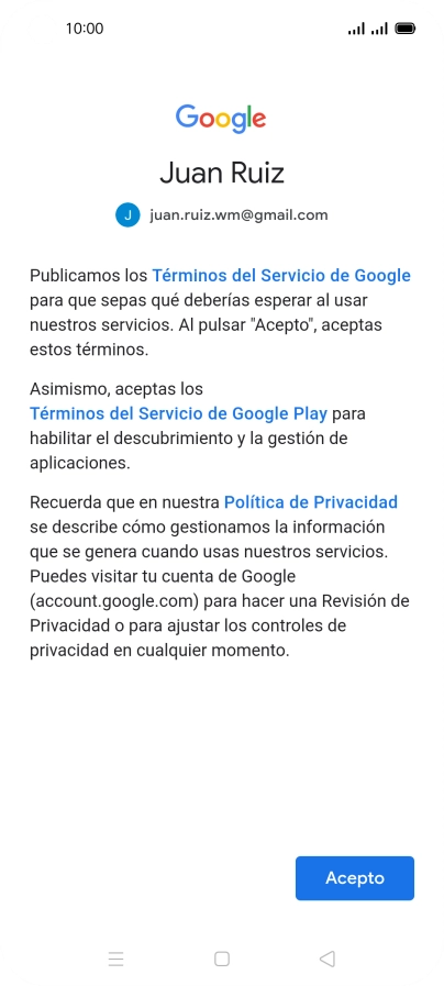 Pulsa Acepto y sigue las indicaciones de la pantalla para seleccionar los ajustes de tu cuenta de Google.