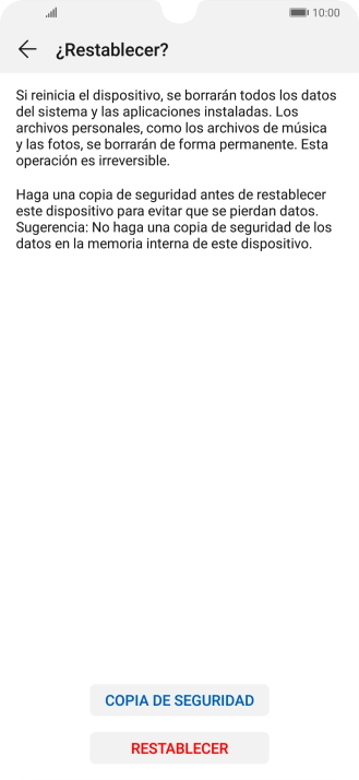 Pulsa RESTABLECER. Espera unos instantes mientras el teléfono restablece la configuración predeterminada. Sigue las indicaciones de la pantalla para configurar el teléfono y dejarlo listo para su uso.