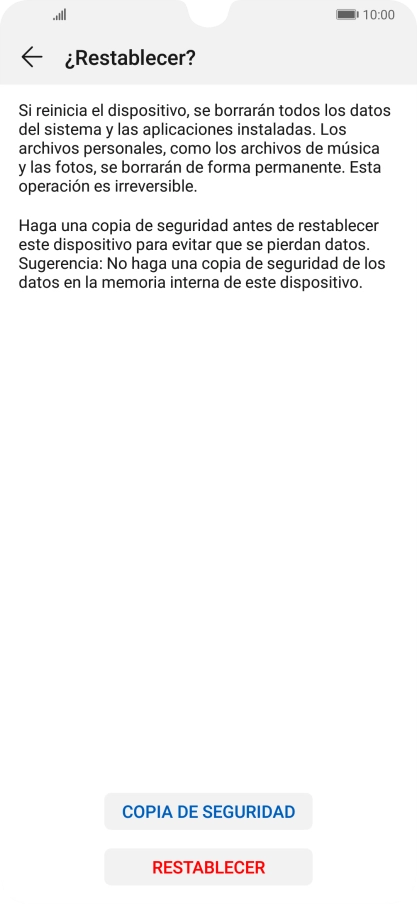 Pulsa RESTABLECER. Espera unos instantes mientras el teléfono restablece la configuración predeterminada. Sigue las indicaciones de la pantalla para configurar el teléfono y dejarlo listo para su uso.