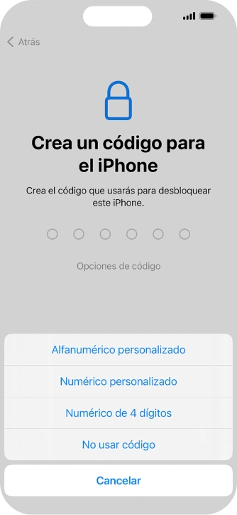 Sigue las indicaciones de la pantalla para activar el uso del código de seguridad o pulsa No usar código.
