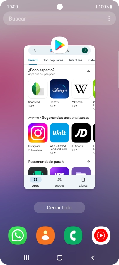 Para cerrar una sola aplicación en ejecución, desliza el dedo hacia arriba sobre la aplicación deseada.