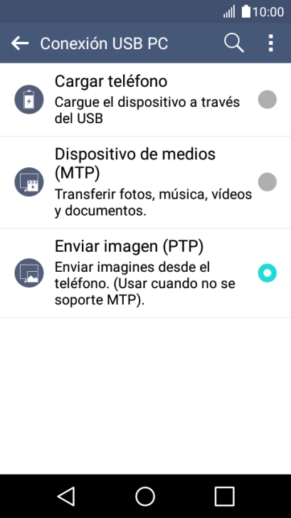 Pulsa Dispositivo de medios (MTP) para activar la función. Pulsa Dispositivo de medios (MTP) para activar la función.
