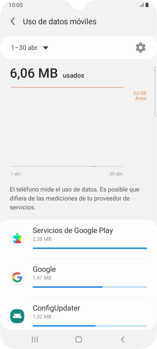 El consumo de datos por cada aplicación aparece bajo el nombre de la aplicación.