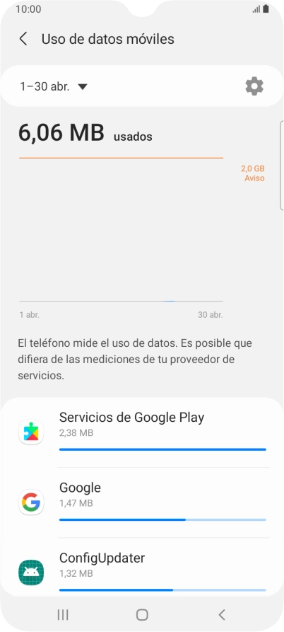 El consumo de datos por cada aplicación aparece bajo el nombre de la aplicación.