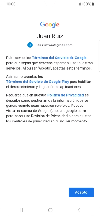 Pulsa Acepto y sigue las indicaciones de la pantalla para seleccionar los ajustes de tu cuenta de Google.