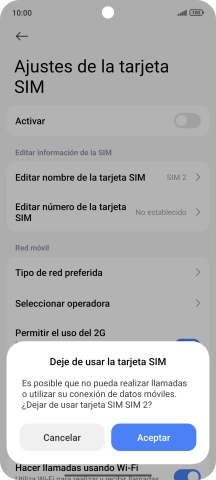 Si desactivas el uso de la tarjeta SIM, pulsa Aceptar.