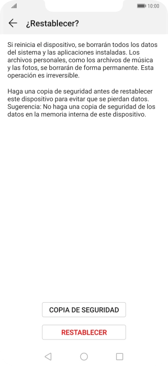 Pulsa RESTABLECER. Espera unos instantes mientras el teléfono restablece la configuración predeterminada. Sigue las indicaciones de la pantalla para configurar el teléfono y dejarlo listo para su uso.