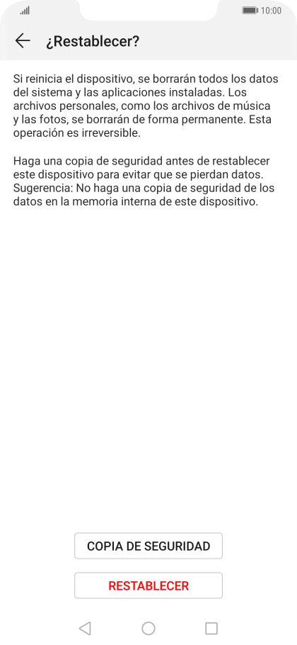Pulsa RESTABLECER. Espera unos instantes mientras el teléfono restablece la configuración predeterminada. Sigue las indicaciones de la pantalla para configurar el teléfono y dejarlo listo para su uso.
