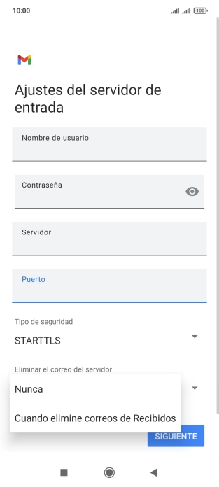 Pulsa Nunca para conservar los correos electrónicos en el servidor cuando los borras del teléfono.