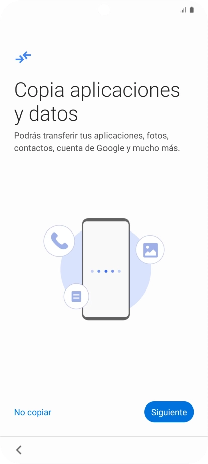 Puedes transferir el contenido de otro teléfono cuando activas tu teléfono por primera vez y cuando lo has restablecido. Cuando aparezca en la pantalla del teléfono esta imagen, ya está listo para la transmisión del contenido del otro teléfono.