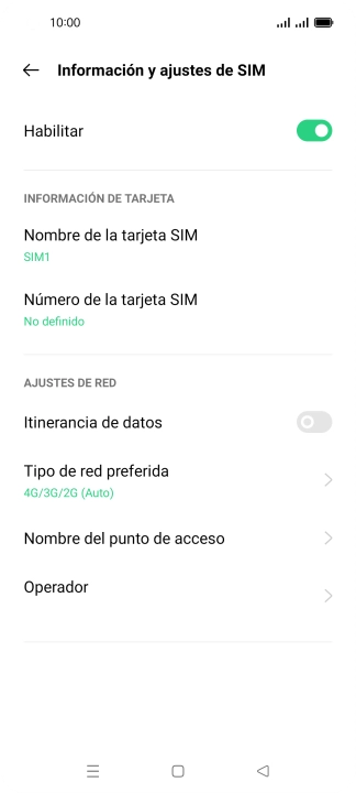 Pulsa el indicador para activar o desactivar el uso de la tarjeta SIM.