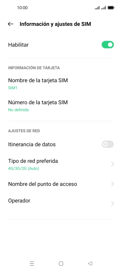 Pulsa el indicador para activar o desactivar el uso de la tarjeta SIM.