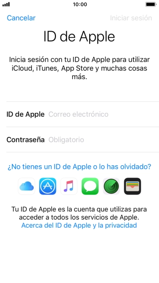 Si no tienes un ID de Apple, pulsa ¿No tienes un ID de Apple o lo has olvidado? y sigue las indicaciones de la pantalla para ver cómo crear un ID de Apple.