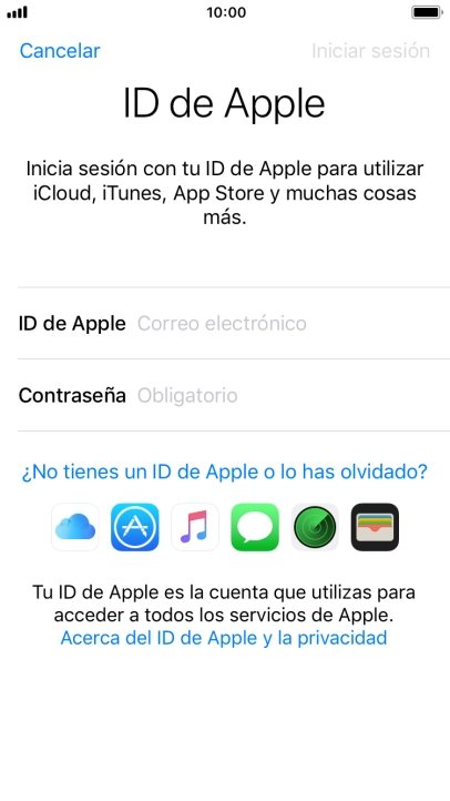 Si no tienes un ID de Apple, pulsa ¿No tienes un ID de Apple o lo has olvidado? y sigue las indicaciones de la pantalla para ver cómo crear un ID de Apple.