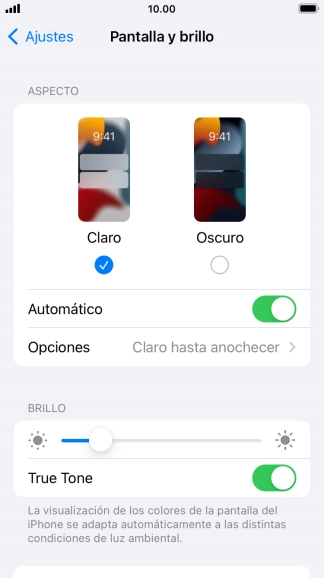 Si activas la función, pulsa Opciones y sigue las indicaciones de la pantalla para seleccionar el período de tiempo que debe durar el Modo Oscuro.