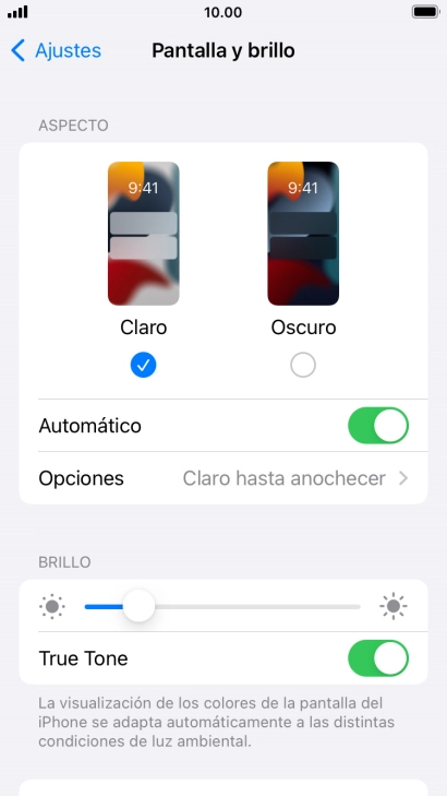 Si activas la función, pulsa Opciones y sigue las indicaciones de la pantalla para seleccionar el período de tiempo que debe durar el Modo Oscuro.