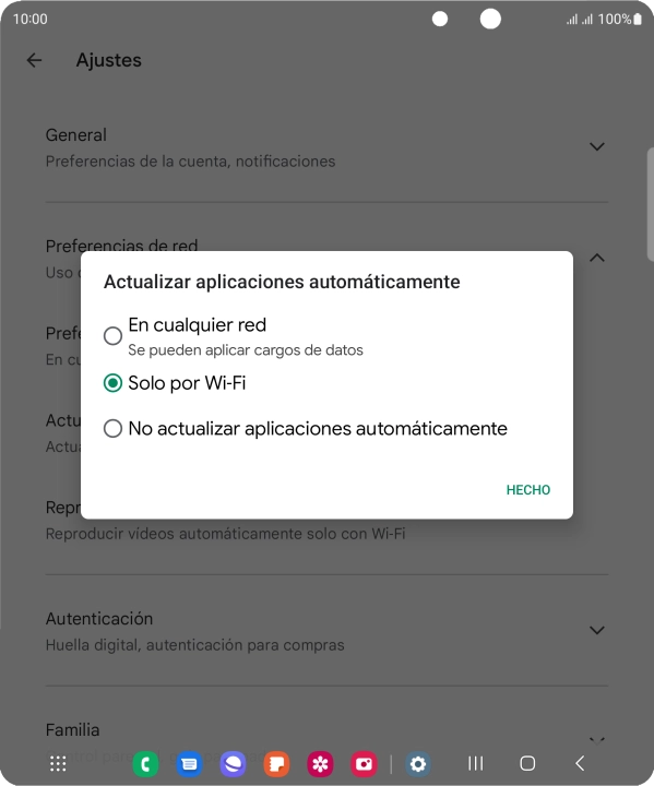 Para activar la actualización automática de apps utilizando la red móvil, pulsa En cualquier red.