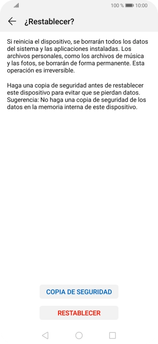 Pulsa RESTABLECER. Espera unos instantes mientras el teléfono restablece la configuración predeterminada. Sigue las indicaciones de la pantalla para configurar el teléfono y dejarlo listo para su uso.