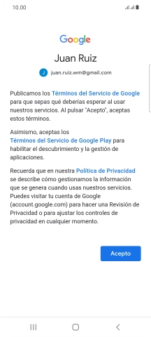 Pulsa Acepto y sigue las indicaciones de la pantalla para seleccionar los ajustes de tu cuenta de Google.