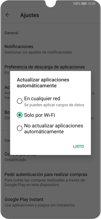 Para activar la actualización automática de apps utilizando la red móvil, pulsa En cualquer red.