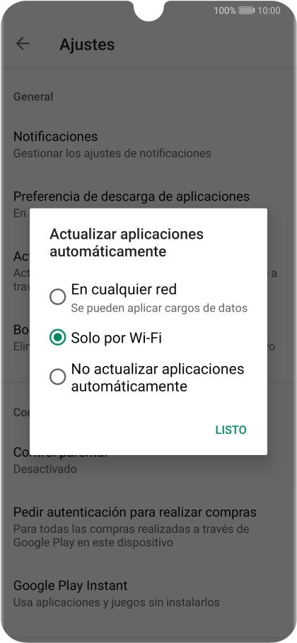 Para activar la actualización automática de apps utilizando la red móvil, pulsa En cualquer red.