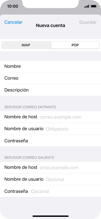 Pulsa Nombre de host e introduce el nombre del servidor de correo de entrada de tu proveedor de correo electrónico.