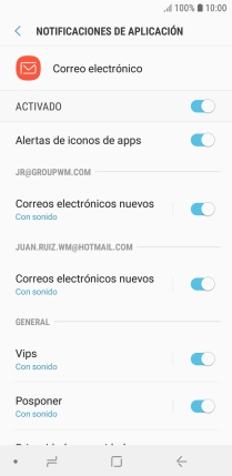 Pulsa el indicador bajo la cuenta de correo electrónico deseada para activar o desactivar la función.