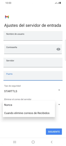 Pulsa Nunca para conservar los correos electrónicos en el servidor cuando los borras del teléfono.
