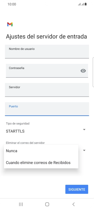 Pulsa Nunca para conservar los correos electrónicos en el servidor cuando los borras del teléfono.