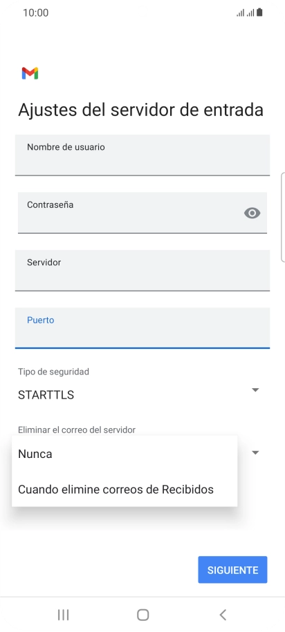 Pulsa Nunca para conservar los correos electrónicos en el servidor cuando los borras del teléfono.