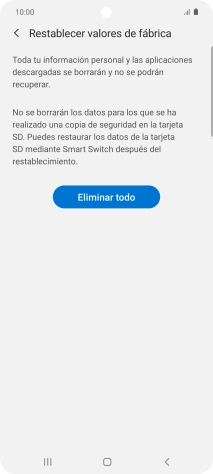 Pulsa Eliminar todo. Espera unos instantes mientras el teléfono restablece la configuración predeterminada. Sigue las indicaciones de la pantalla para configurar el teléfono y dejarlo listo para su uso.