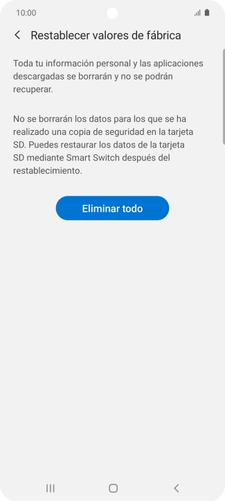Pulsa Eliminar todo. Espera unos instantes mientras el teléfono restablece la configuración predeterminada. Sigue las indicaciones de la pantalla para configurar el teléfono y dejarlo listo para su uso.