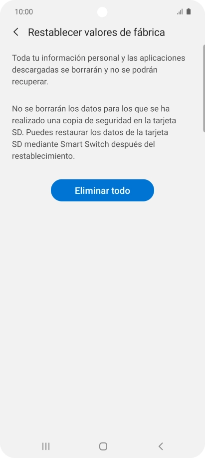 Pulsa Eliminar todo. Espera unos instantes mientras el teléfono restablece la configuración predeterminada. Sigue las indicaciones de la pantalla para configurar el teléfono y dejarlo listo para su uso.