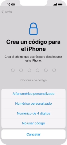 Sigue las indicaciones de la pantalla para activar el uso del código de seguridad o pulsa No usar código.