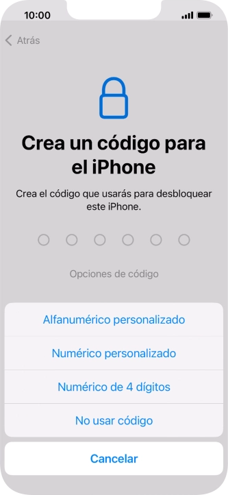 Sigue las indicaciones de la pantalla para activar el uso del código de seguridad o pulsa No usar código.