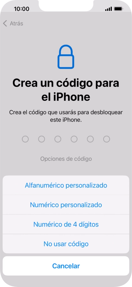 Sigue las indicaciones de la pantalla para activar el uso del código de seguridad o pulsa No usar código.