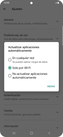 Para activar la actualización automática de apps utilizando la red móvil, pulsa En cualquier red.