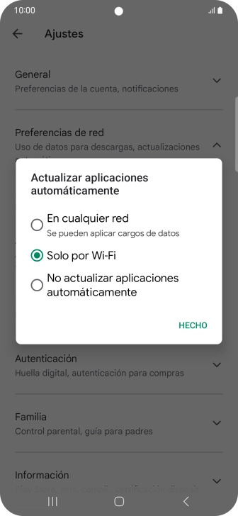 Para activar la actualización automática de apps utilizando la red móvil, pulsa En cualquier red.
