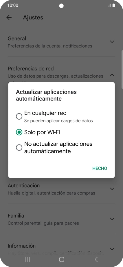 Para activar la actualización automática de apps utilizando la red móvil, pulsa En cualquier red.
