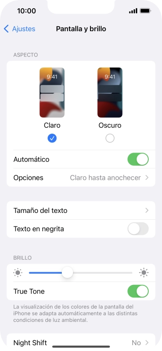 Si activas la función, pulsa Opciones y sigue las indicaciones de la pantalla para seleccionar el período de tiempo que debe durar el Modo Oscuro.