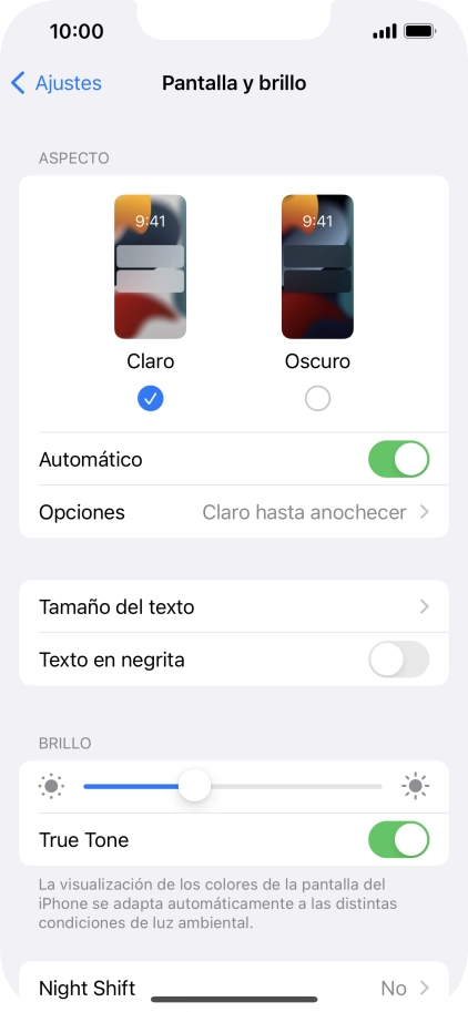 Si activas la función, pulsa Opciones y sigue las indicaciones de la pantalla para seleccionar el período de tiempo que debe durar el Modo Oscuro.