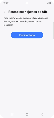 Pulsa Eliminar todo. Espera unos instantes mientras el teléfono restablece la configuración predeterminada. Sigue las indicaciones de la pantalla para configurar el teléfono y dejarlo listo para su uso.