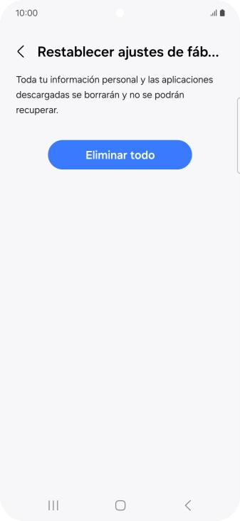 Pulsa Eliminar todo. Espera unos instantes mientras el teléfono restablece la configuración predeterminada. Sigue las indicaciones de la pantalla para configurar el teléfono y dejarlo listo para su uso.