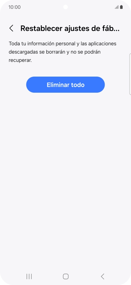 Pulsa Eliminar todo. Espera unos instantes mientras el teléfono restablece la configuración predeterminada. Sigue las indicaciones de la pantalla para configurar el teléfono y dejarlo listo para su uso.