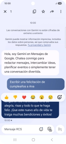 Pulsa la propuesta de texto de Gemini durante unos instantes. Sigue las indicaciones de la pantalla para utilizar el texto propuesto.