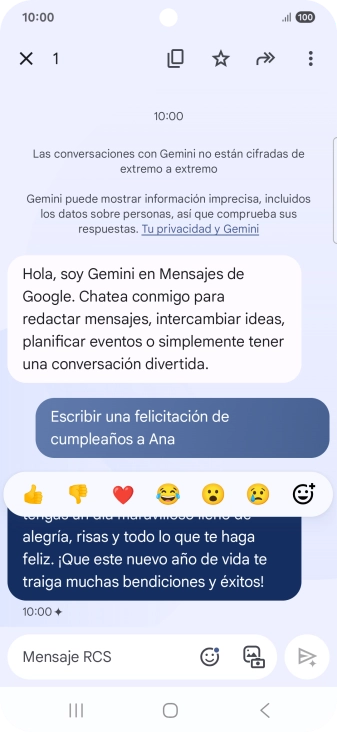 Pulsa la propuesta de texto de Gemini durante unos instantes. Sigue las indicaciones de la pantalla para utilizar el texto propuesto.