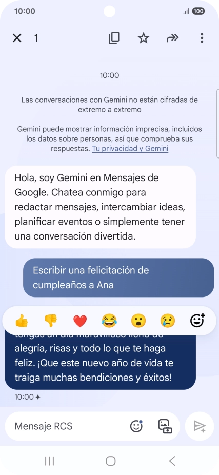 Pulsa la propuesta de texto de Gemini durante unos instantes. Sigue las indicaciones de la pantalla para utilizar el texto propuesto.